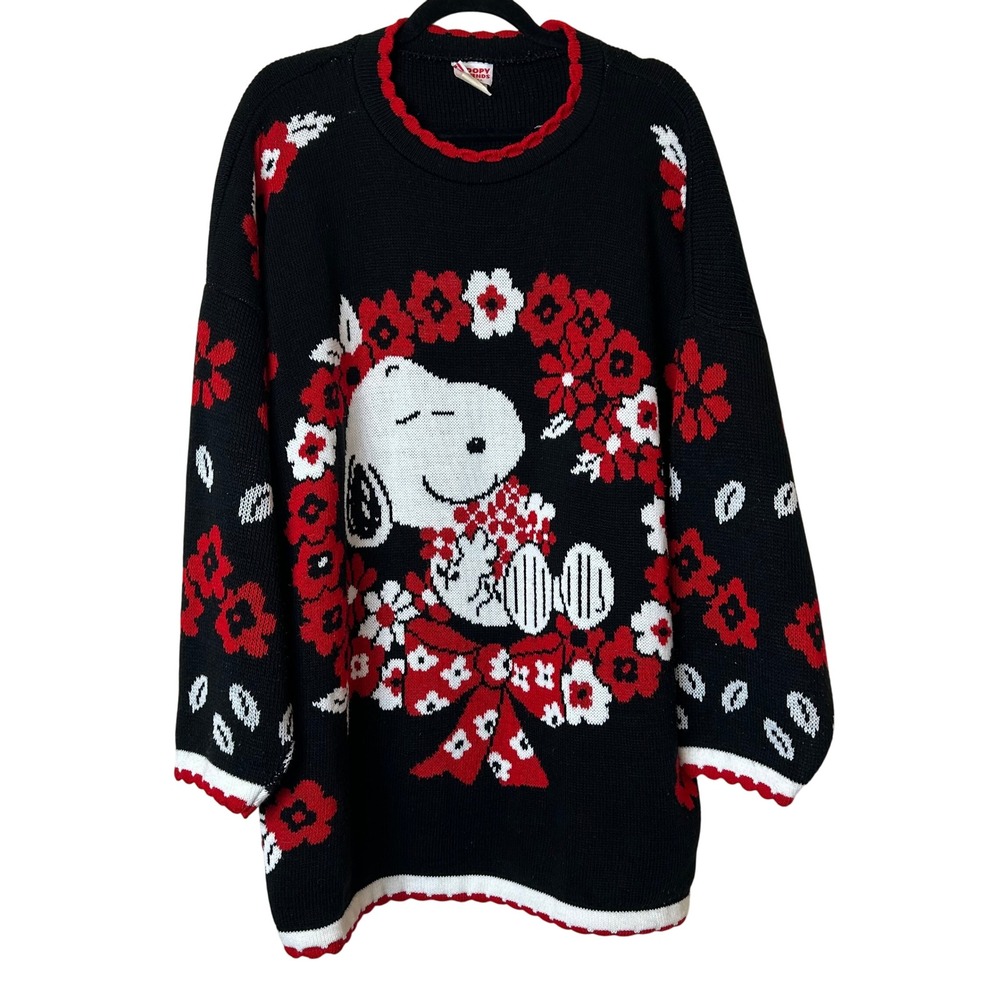 Vintage Snoopy & Friends Peanuts Holiday Oversized Knit Sweater Black Red M USA